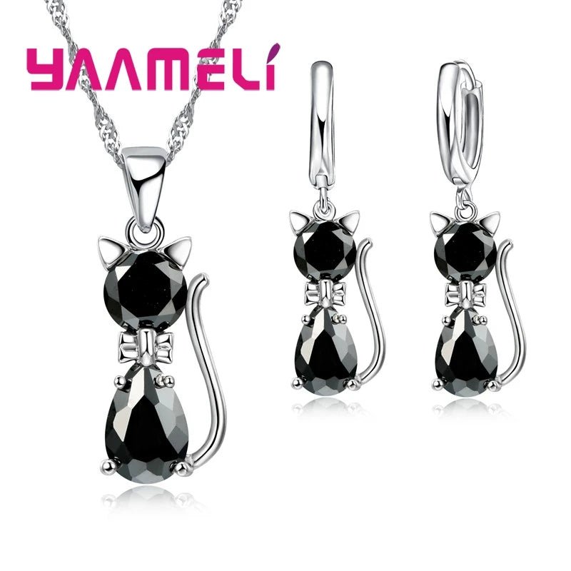 925 Sterling Silver Crystal Cute Cat Jewelry Set - LaVie Jewelery