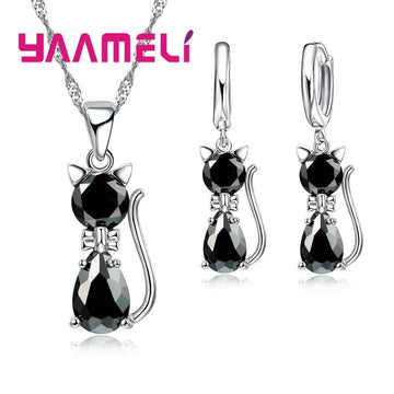 925 Sterling Silver Crystal Cute Cat Jewelry Set - LaVie Jewelery