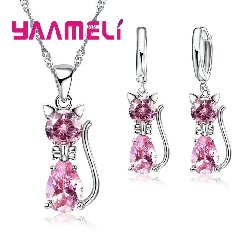 925 Sterling Silver Crystal Cute Cat Jewelry Set - LaVie Jewelery