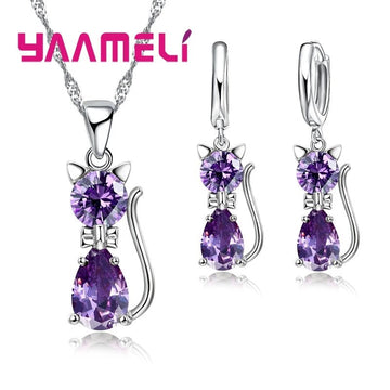 925 Sterling Silver Crystal Cute Cat Jewelry Set - LaVie Jewelery