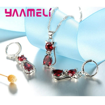 925 Sterling Silver Crystal Cute Cat Jewelry Set - LaVie Jewelery