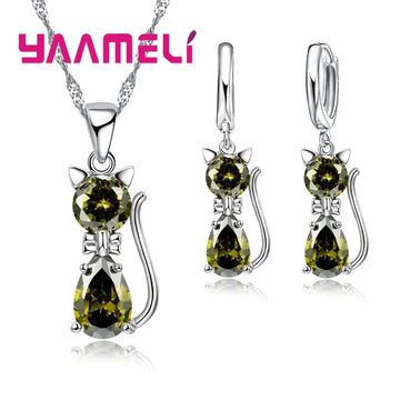 925 Sterling Silver Crystal Cute Cat Jewelry Set - LaVie Jewelery
