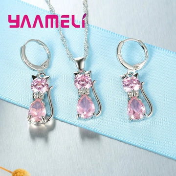 925 Sterling Silver Crystal Cute Cat Jewelry Set - LaVie Jewelery