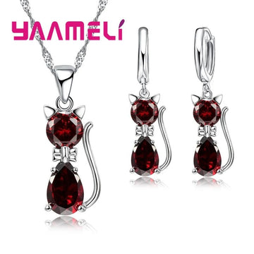 925 Sterling Silver Crystal Cute Cat Jewelry Set - LaVie Jewelery