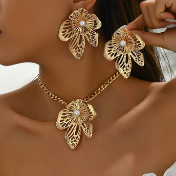 Gold Color Hallowout Stamping Big Flower Pearl Necklace Earrings Set - LaVie Jewelery