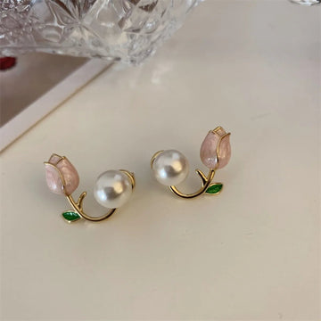 French Tulip Flower Pearl Stud Earrings Pearl Earrings - LaVie Jewelery