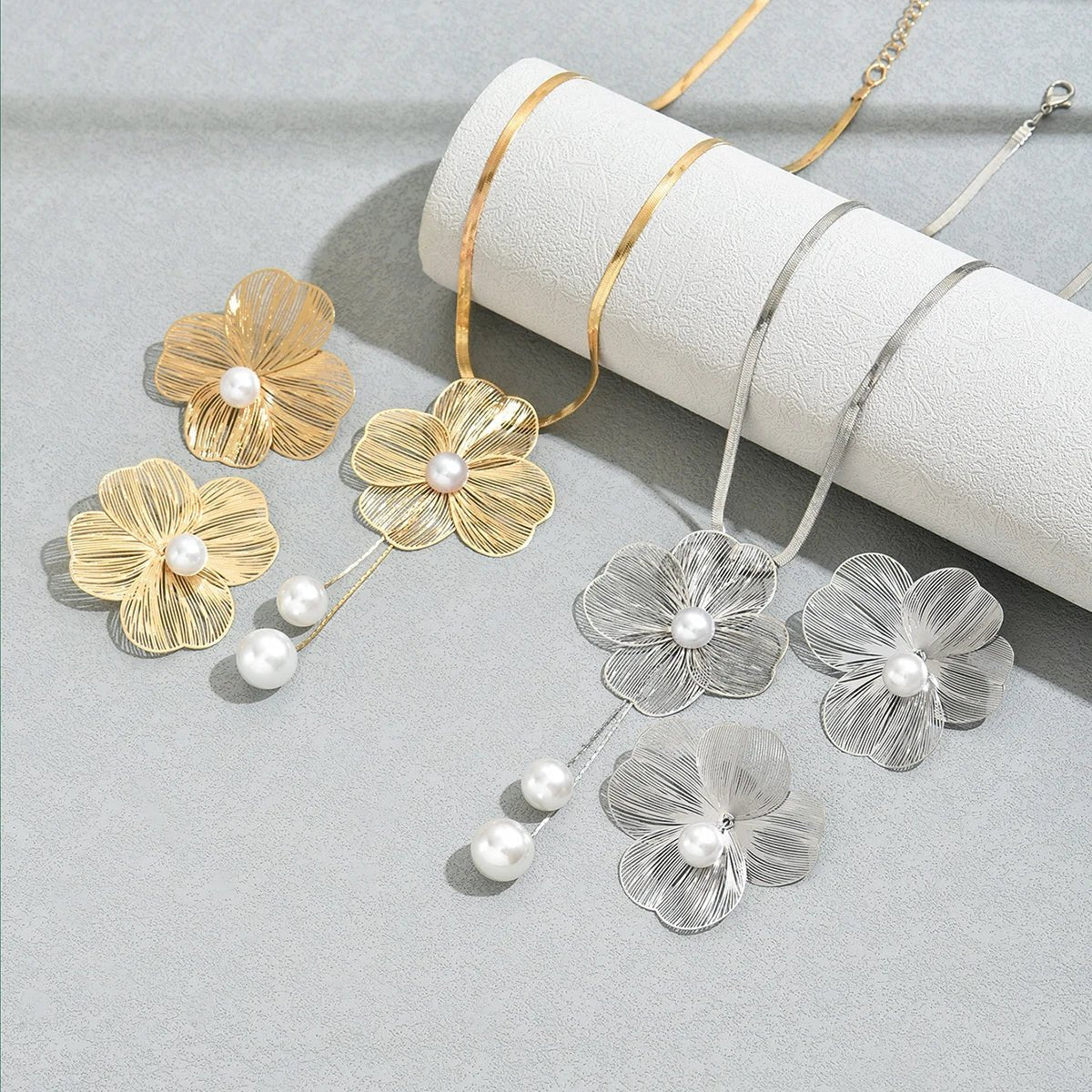 Gold Color Hallowout Stamping Big Flower Pearl Necklace Earrings Set - LaVie Jewelery