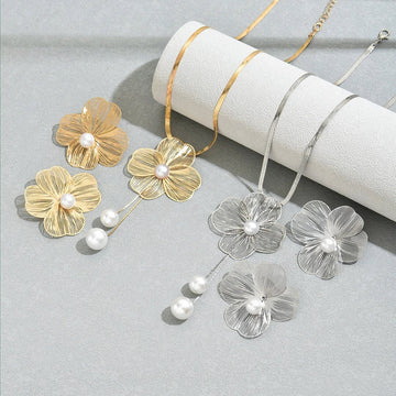 Gold Color Hallowout Stamping Big Flower Pearl Necklace Earrings Set - LaVie Jewelery