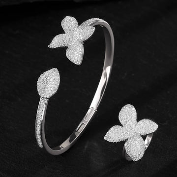 Luxury Silver Color Flower Leaf Adjustable Jewelry Set - LaVie Jewelery
