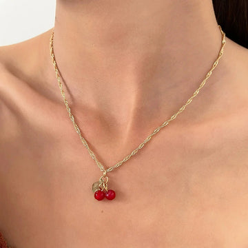 Gold Color Chic Red Cherry Necklace Dangle Earrings Jewelery Set - LaVie Jewelery