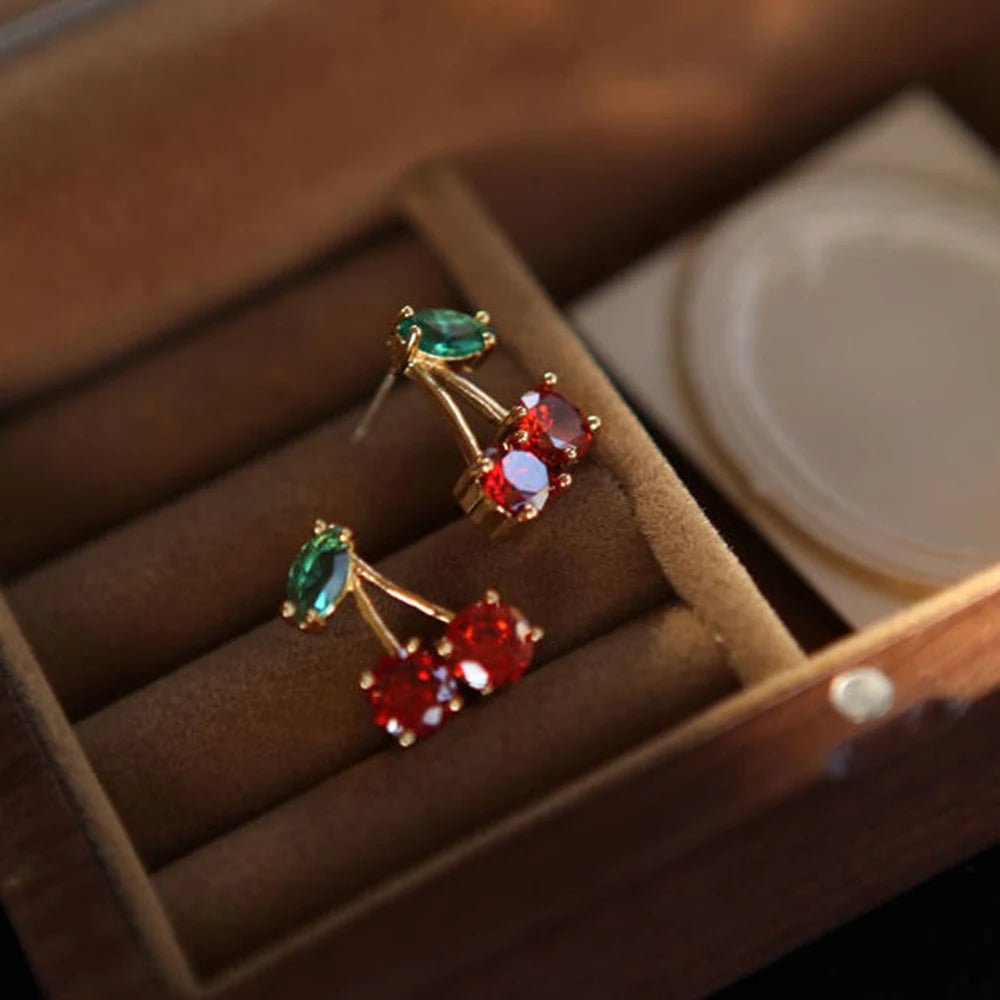 Red Zircon Cherry Leaf Stud Earrings - LaVie Jewelery
