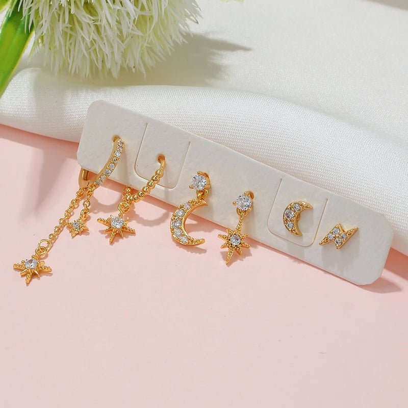 Gold Plated Cubic Zirconia Star Moon Dangle Earrings Set - LaVie Jewelery