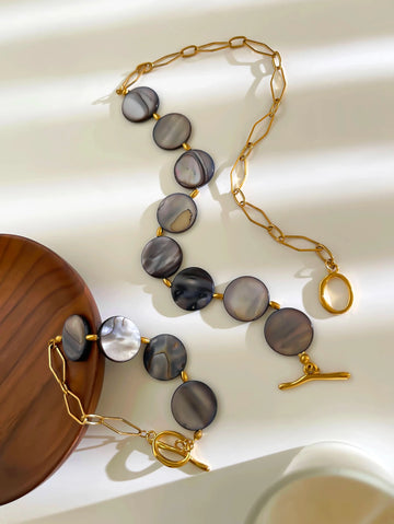 Stainless Steel Grey Round Natural Shell Bracelet Necklace Jewelry Set - LaVie Jewelery