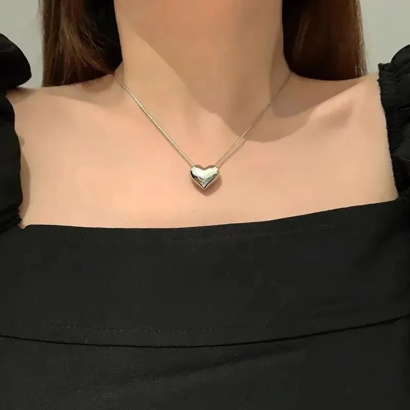 Korean Silver Color Snake Bone Chain w Heart Pendant Choker Necklace - LaVie Jewelery