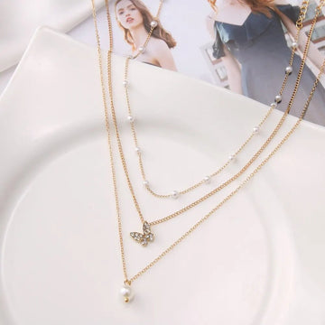 Retro Multilayer Butterfly Pendant Artificial Pearl Clavicle Chain Necklace - LaVie Jewelery