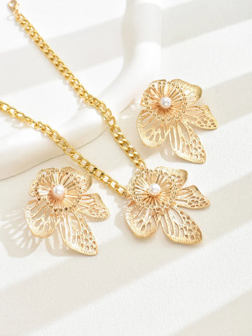 Gold Color Hallowout Stamping Big Flower Pearl Necklace Earrings Set - LaVie Jewelery