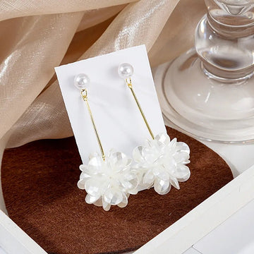 Korean Exquisite Rhinestone Long White Flower Pearl Drop Earrings - LaVie Jewelery