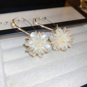 Korean Exquisite Rhinestone Long White Flower Pearl Drop Earrings - LaVie Jewelery