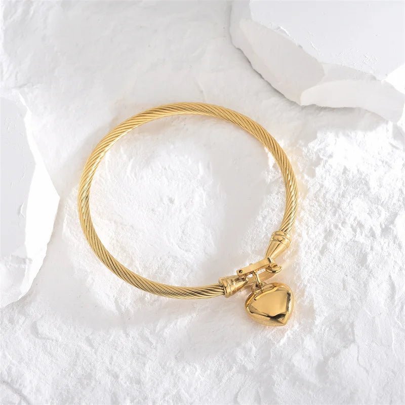 18k Gold Stainless Steel Heart Pendant Charm Bangle Bracelets - LaVie Jewelery