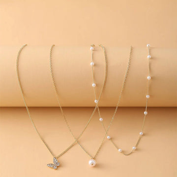 Retro Multilayer Butterfly Pendant Artificial Pearl Clavicle Chain Necklace - LaVie Jewelery