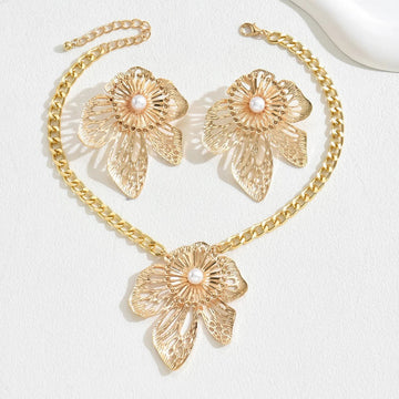 Gold Color Hallowout Stamping Big Flower Pearl Necklace Earrings Set - LaVie Jewelery