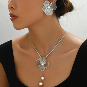 Gold Color Hallowout Stamping Big Flower Pearl Necklace Earrings Set - LaVie Jewelery