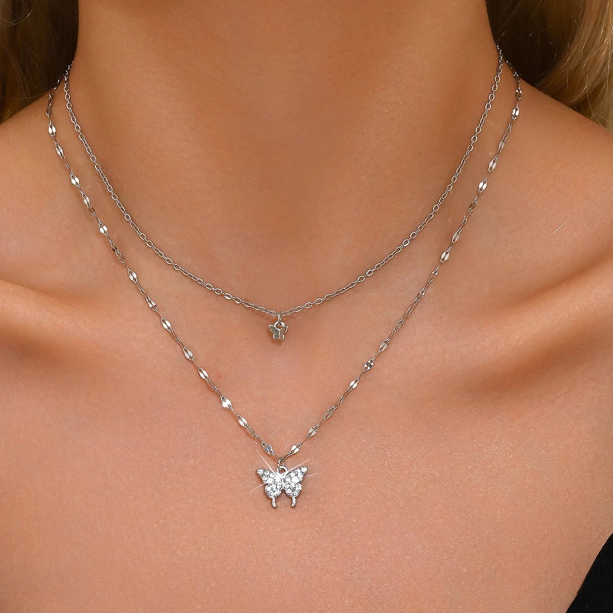 Lats Sparkling Double Layer Butterfly Collar Chain Necklace - LaVie Jewelery