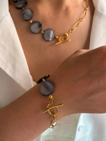Stainless Steel Grey Round Natural Shell Bracelet Necklace Jewelry Set - LaVie Jewelery
