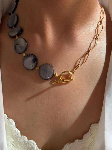 Stainless Steel Grey Round Natural Shell Bracelet Necklace Jewelry Set - LaVie Jewelery