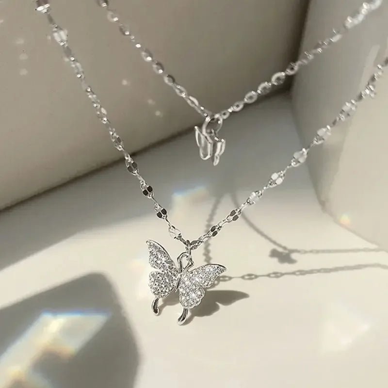 Lats Sparkling Double Layer Butterfly Collar Chain Necklace - LaVie Jewelery