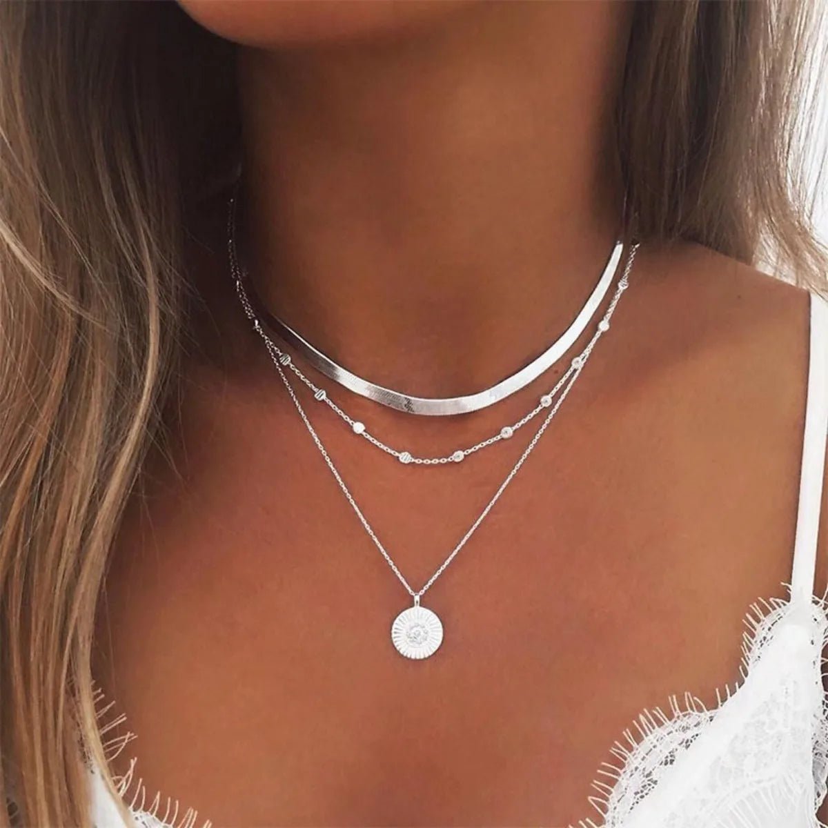 Multi - layer Snake Bone Chain with Round Bead Chain Necklace - LaVie Jewelery