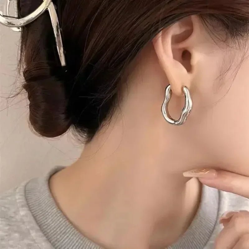 Vintage Silver Plated Stainless Steel Irregular Hoop Earrings - LaVie Jewelery
