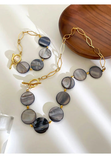 Stainless Steel Grey Round Natural Shell Bracelet Necklace Jewelry Set - LaVie Jewelery