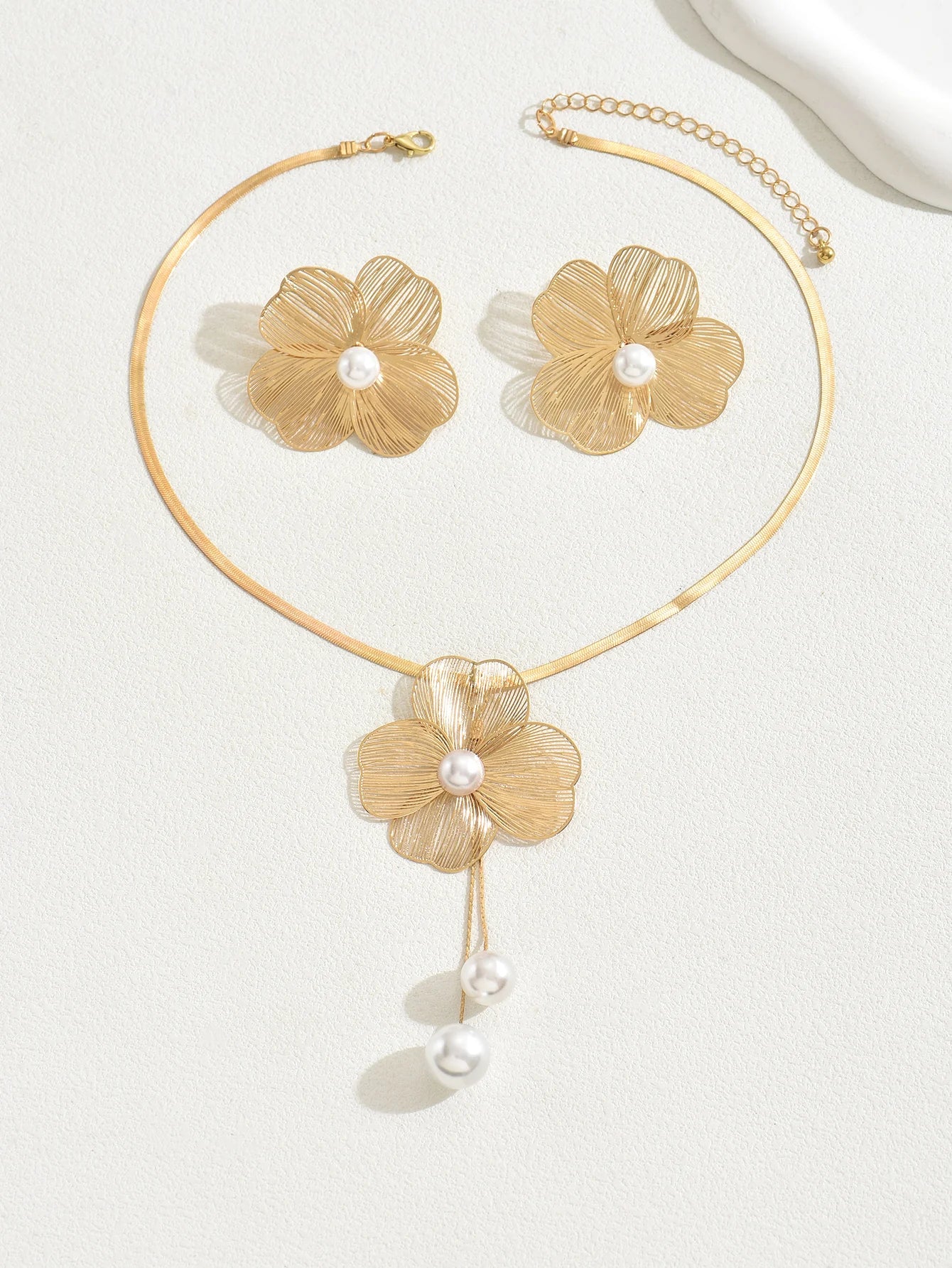 Gold Color Hallowout Stamping Big Flower Pearl Necklace Earrings Set - LaVie Jewelery