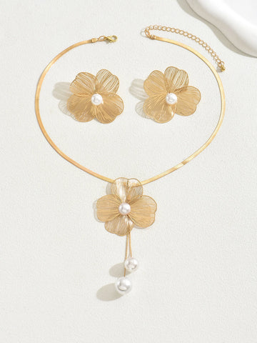 Gold Color Hallowout Stamping Big Flower Pearl Necklace Earrings Set - LaVie Jewelery