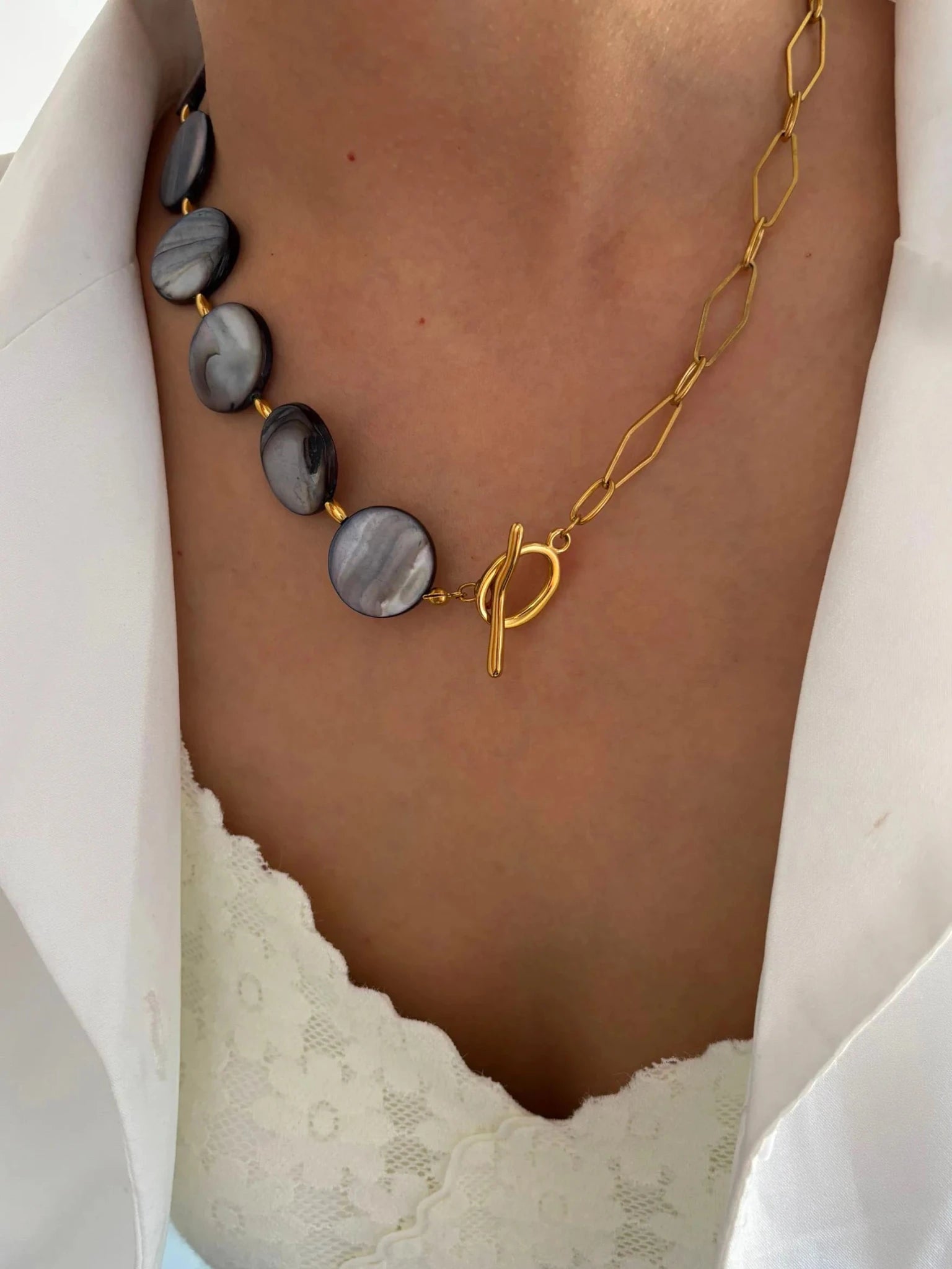 Stainless Steel Grey Round Natural Shell Bracelet Necklace Jewelry Set - LaVie Jewelery