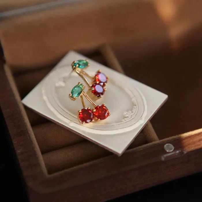 Red Zircon Cherry Leaf Stud Earrings - LaVie Jewelery