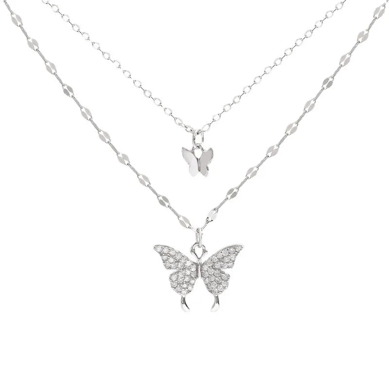 Lats Sparkling Double Layer Butterfly Collar Chain Necklace - LaVie Jewelery