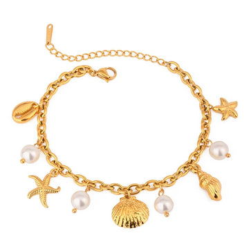 18K Gold PVD Plated Stainless Steel Pearl Shell Starfish Charm Bracelet - LaVie Jewelery