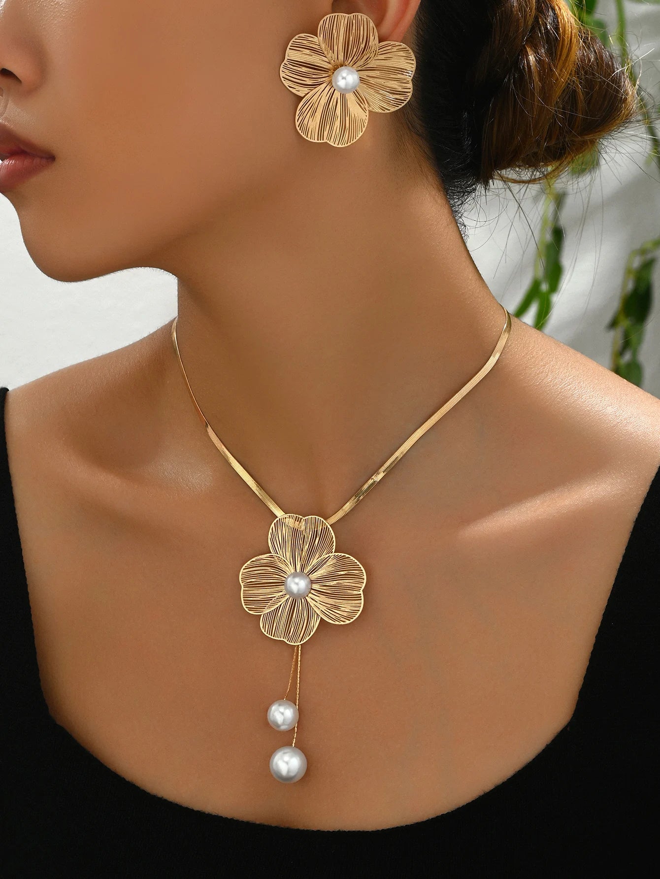 Gold Color Hallowout Stamping Big Flower Pearl Necklace Earrings Set - LaVie Jewelery