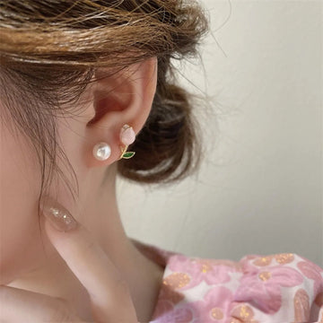 French Tulip Flower Pearl Stud Earrings Pearl Earrings - LaVie Jewelery