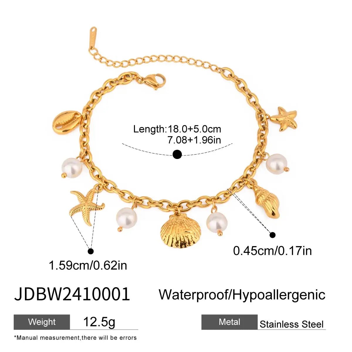 18K Gold PVD Plated Stainless Steel Pearl Shell Starfish Charm Bracelet - LaVie Jewelery