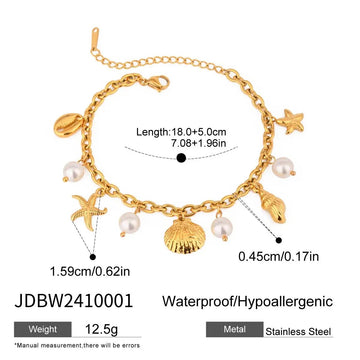 18K Gold PVD Plated Stainless Steel Pearl Shell Starfish Charm Bracelet - LaVie Jewelery