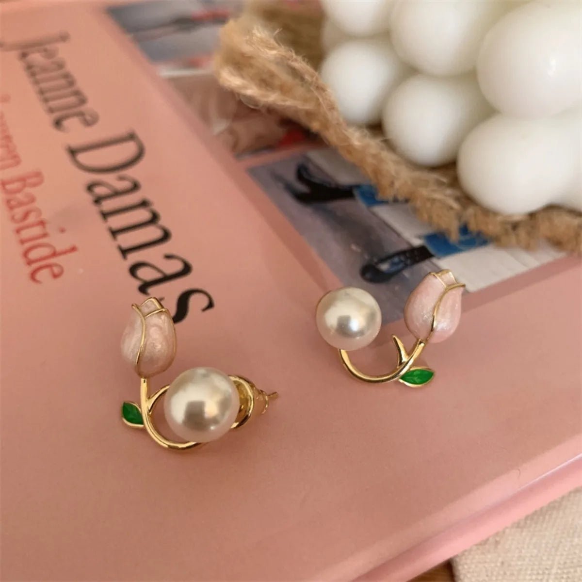 French Tulip Flower Pearl Stud Earrings Pearl Earrings - LaVie Jewelery