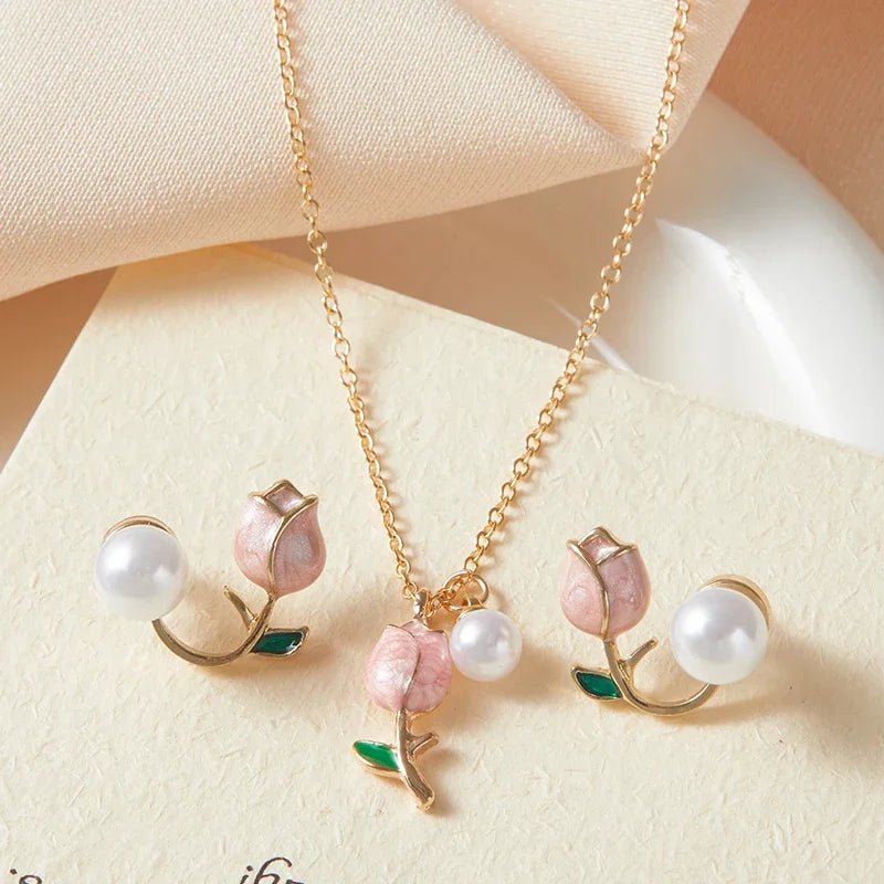 Pink Tulip Necklace Earrings Jewelery Set - LaVie Jewelery