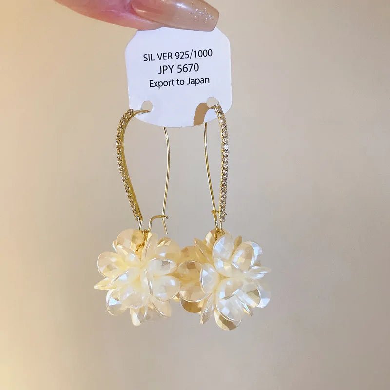 Korean Exquisite Rhinestone Long White Flower Pearl Drop Earrings - LaVie Jewelery