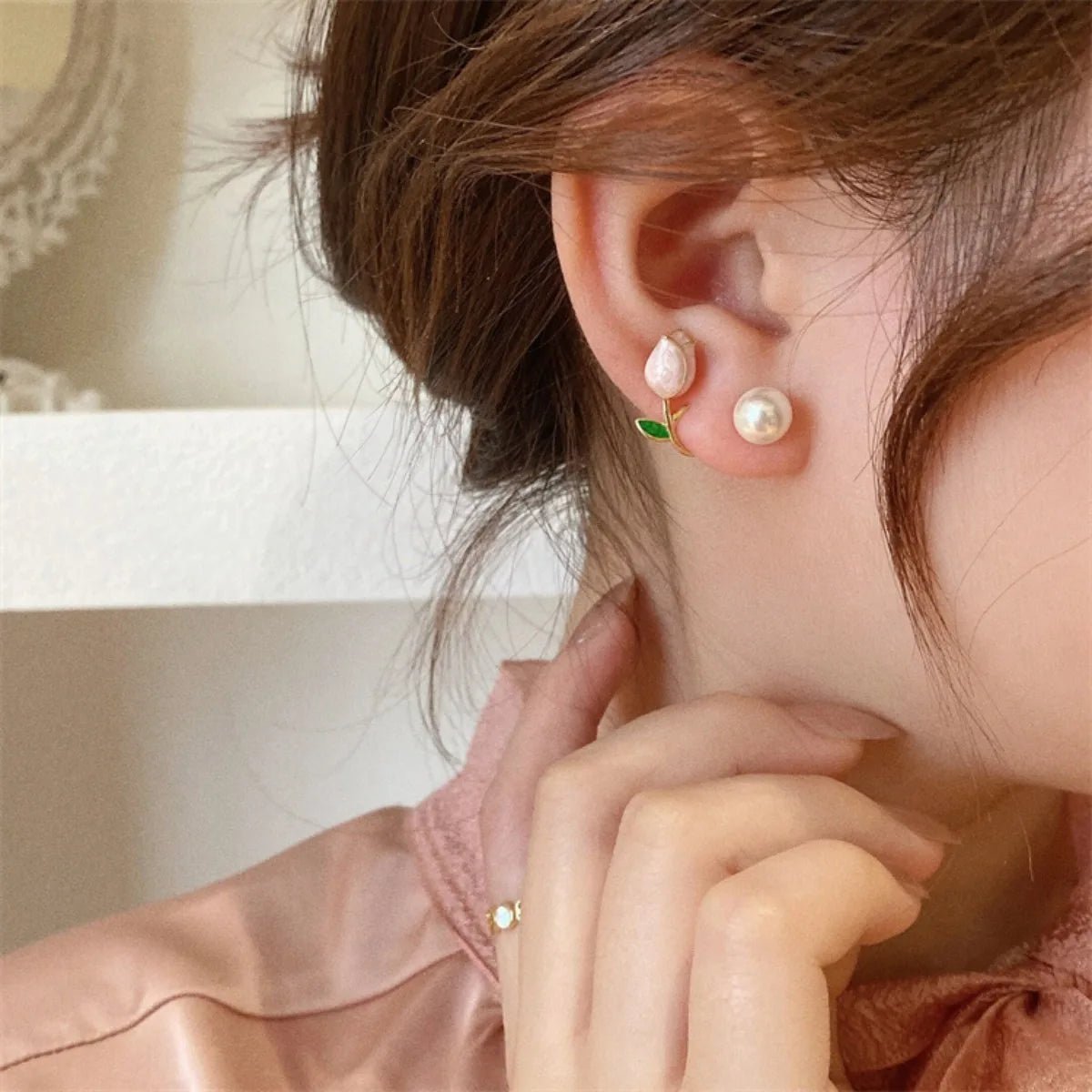French Tulip Flower Pearl Stud Earrings Pearl Earrings - LaVie Jewelery
