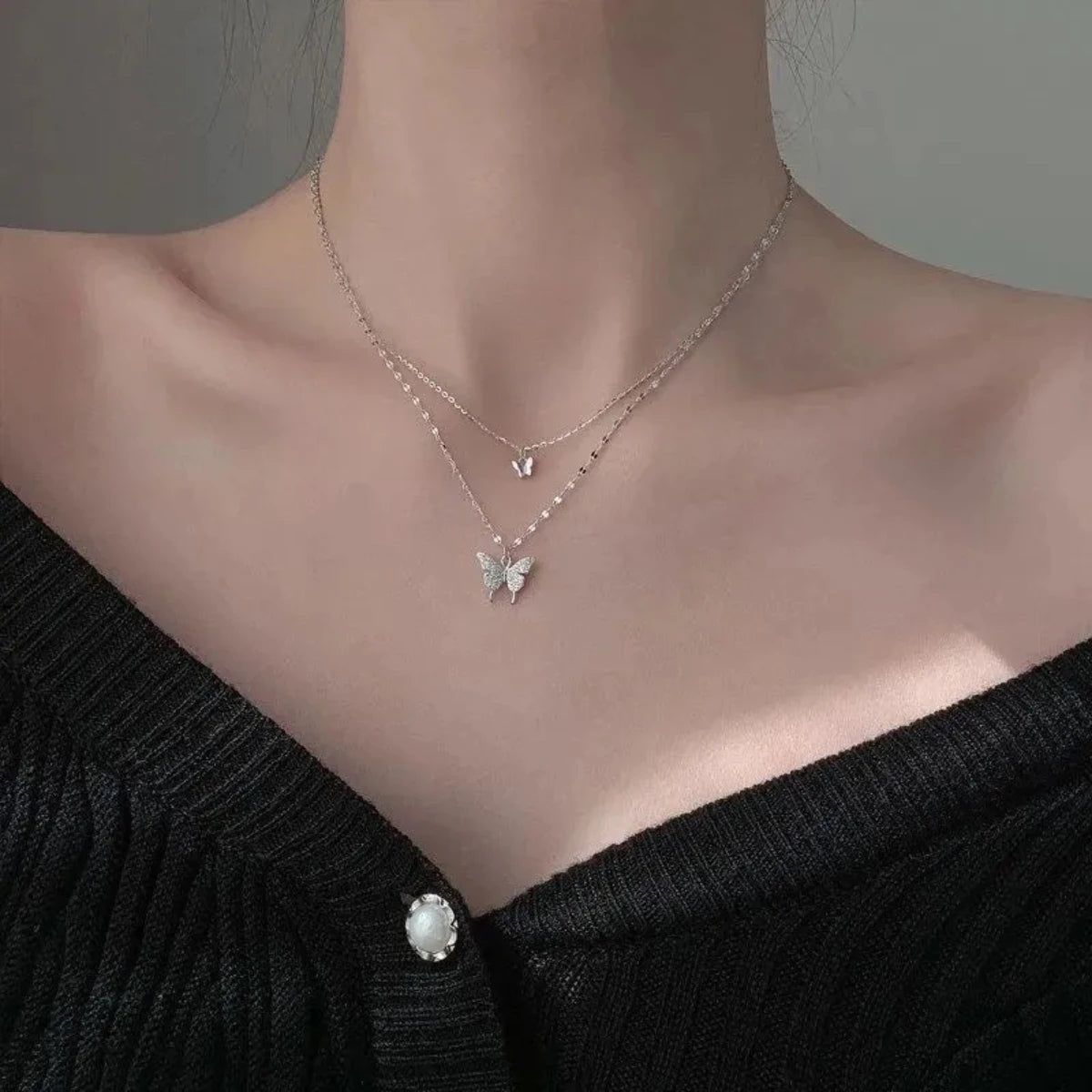 Lats Sparkling Double Layer Butterfly Collar Chain Necklace - LaVie Jewelery