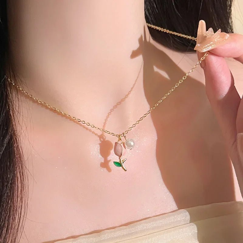 Pink Tulip Necklace Earrings Jewelery Set - LaVie Jewelery