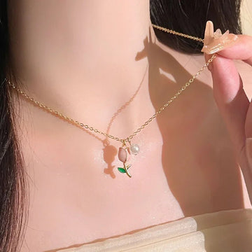 Pink Tulip Necklace Earrings Jewelery Set - LaVie Jewelery
